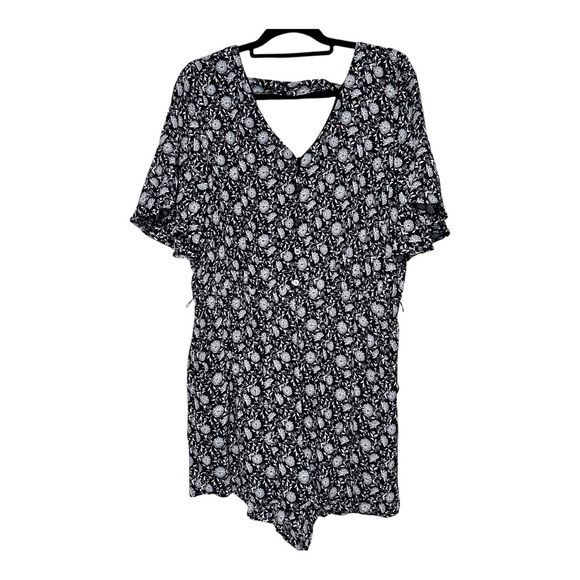 LOFT Daisy Blue Bar Floral V-Neck Romper Flutter Sleeves Blue White Pink Sz L - Picture 4 of 10